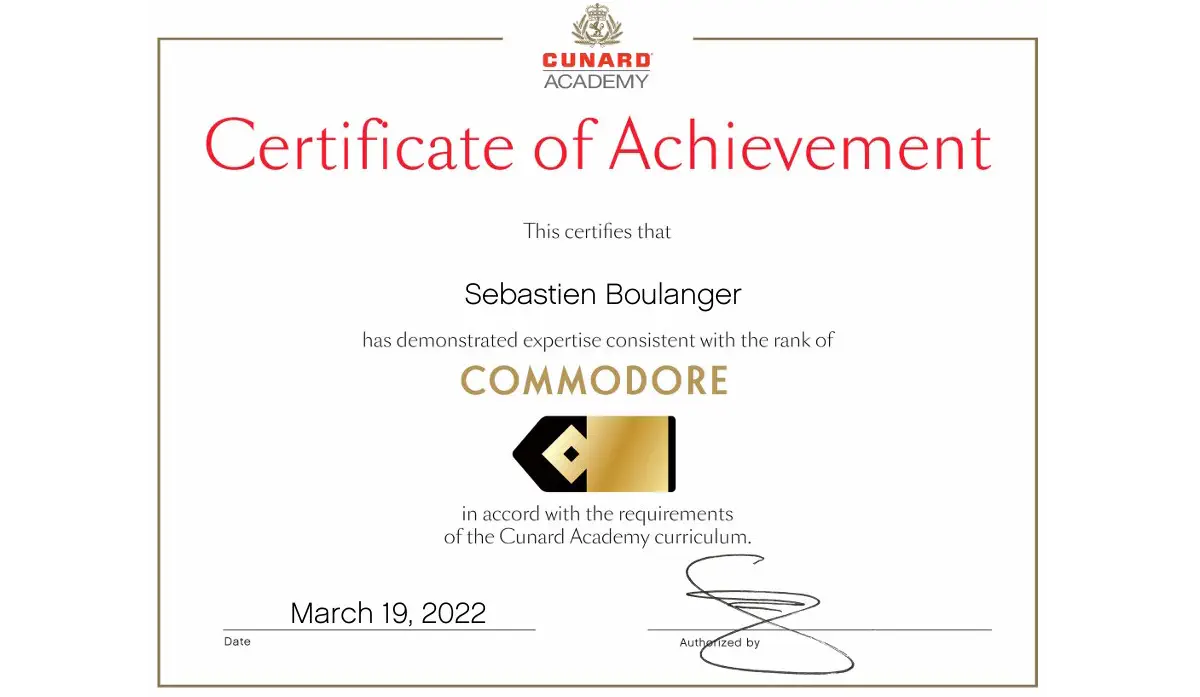 Certificat Expert Cunard, © Cunard