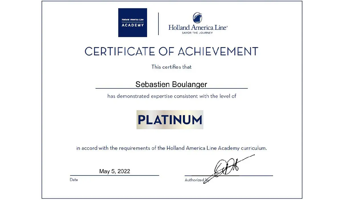 Certificat Expert Holland America, © Holland America Certificat Expert Holland America, © Holland America