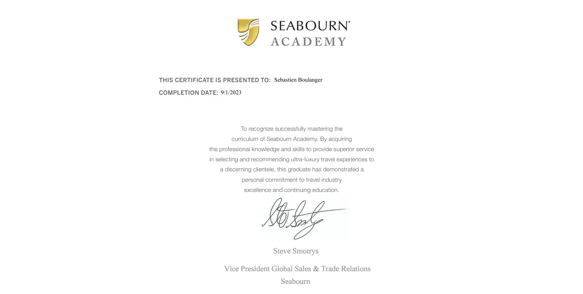 Certificat Expert Seabourn, © Seabourn Certificat Expert Seabourn, © Seabourn
